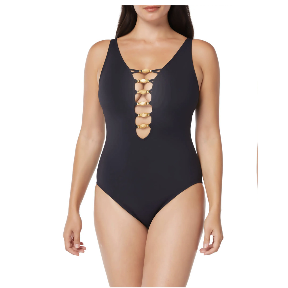 Bleu Rod Beattie Black One-Piece Plunge Swimsuit with Gold Ring Detail